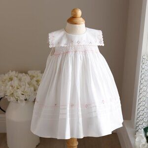 White Smocked Dress Heirloom Float Pink Embroidery Sarah Louise 12 Months NEW